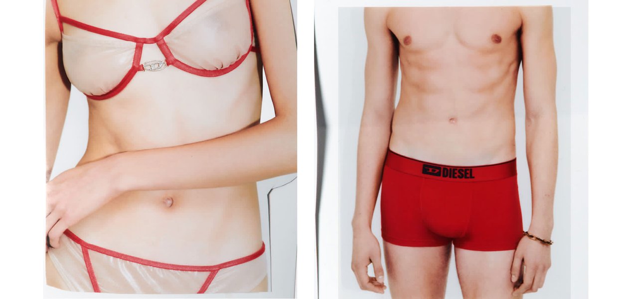 Torso féminin portant une lingerie transparente à bordures rouges à gauche ; torse masculin portant un boxer rouge Diesel à droite, tous deux sur fond blanc.