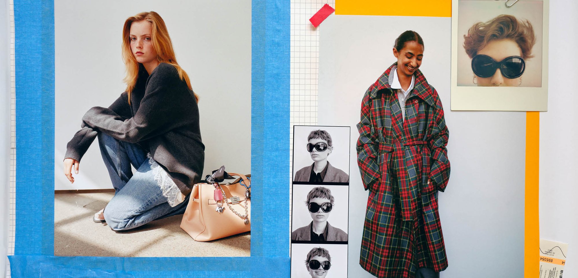Deux photographies de mode présentant un modèle en pull sombre et jeans, et un autre en manteau à carreaux. Les accessoires comprennent un sac rose et des lunettes de soleil.