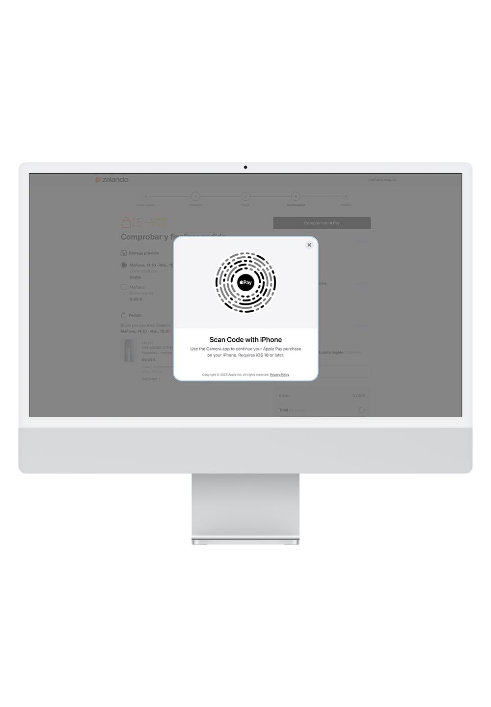 Un monitor de escritorio muestra una solicitud de pago digital con un icono de Apple Pay negro en un diseño circular, que presenta una textura similar a un código QR.