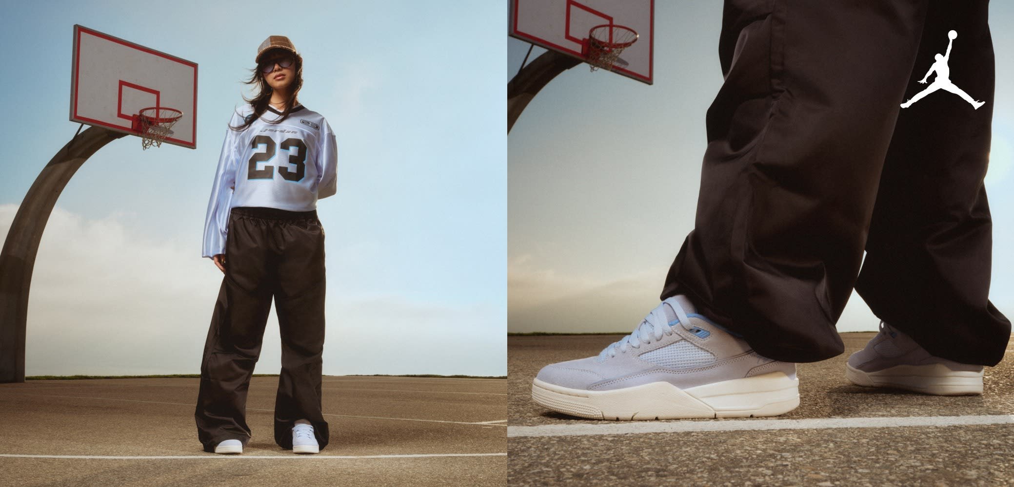 Maillot de sport bleu avec un pantalon noir et des baskets blanches, présentant un design en maille et des accents bleu clair. Un panier de basketball est visible en arrière-plan.