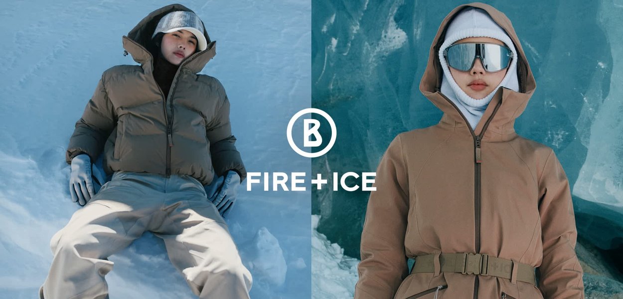 Dwa modele w zimowych ubraniach: po lewej puchowa brązowa kurtka i szare spodnie narciarskie; po prawej dopasowana brązowa kurtka z kapturem i paskiem.