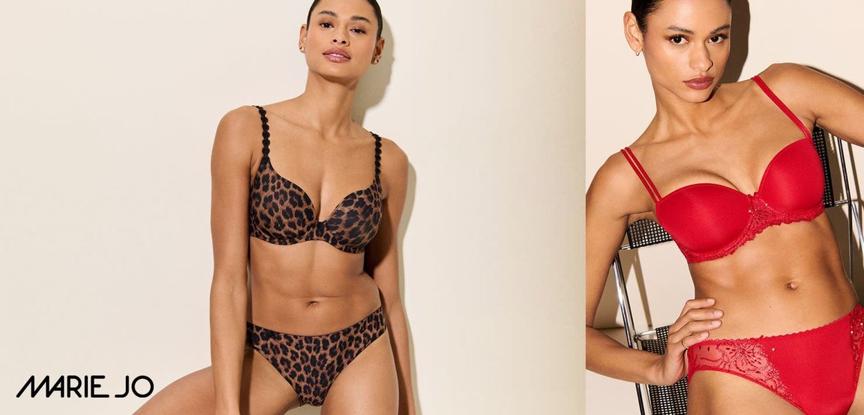 Mujer posando con sujetador y panties de leopardo marrón a la izquierda; mujer sentada a la derecha con sujetador rojo y panties de encaje.