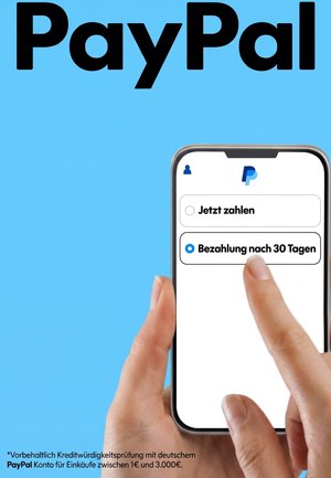 Hand hält Smartphone mit der PayPal-App und Zahlungsoptionen auf Deutsch, wählt "Bezahlung nach 30 Tagen" auf blauem Hintergrund.