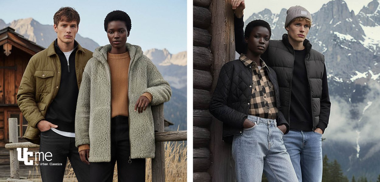 Zwei Models stehen im Freien. Links: Olivegrüne gesteppte Jacke über einem schwarzen Oberteil, kombiniert mit einem texturierten hellgrauen Oberbekleidungsstück. Rechts: Schwarze gesteppte Jacke über einem karierten Hemd mit hellen Jeans.