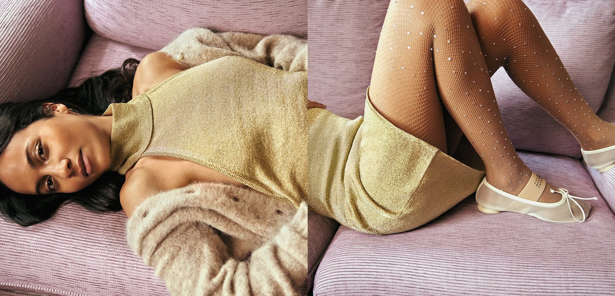 Gold knit top with a high neckline, layered under a light beige fuzzy cardigan. A textured pink background adds contrast.