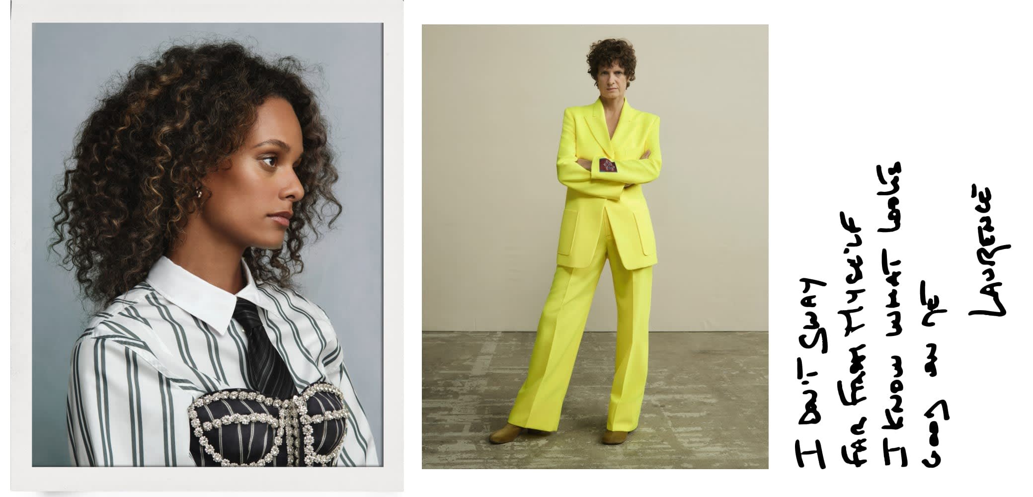 Cămașă cu dungi alb-negru, cu guler și ornaments din cristal, purtată cu un costum galben strălucitor, având un fundal neutru.