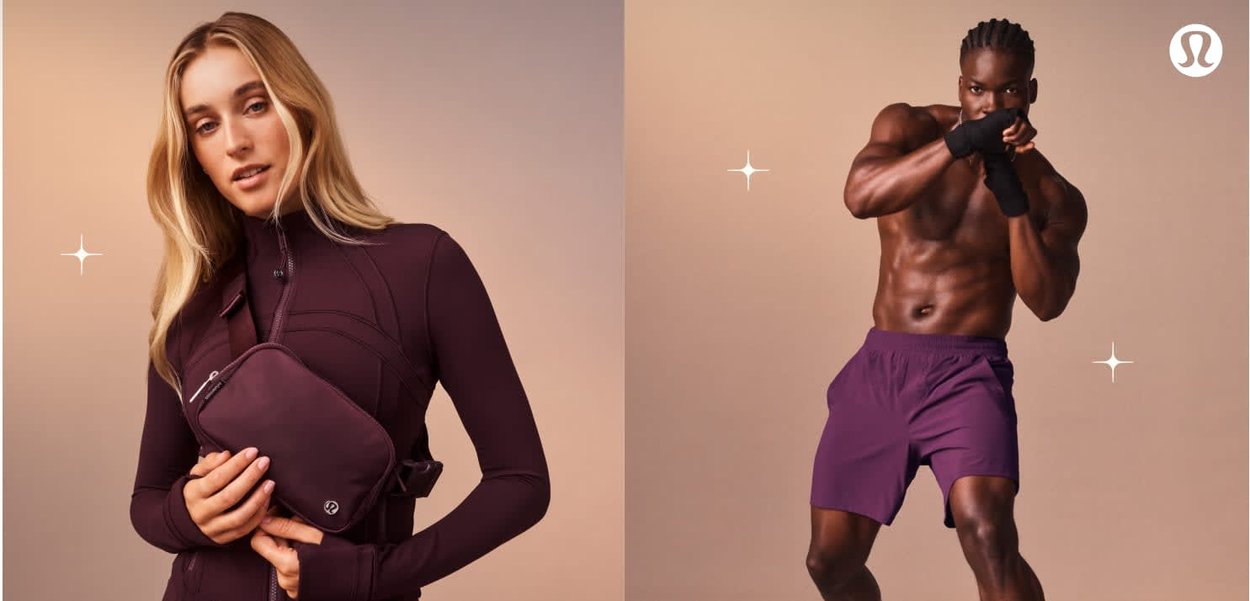 Veste de sport violette avec poche à fermeture éclair et pantalon assorti à gauche, silhouette musclée en shorts violets et gants à droite, fond neutre.