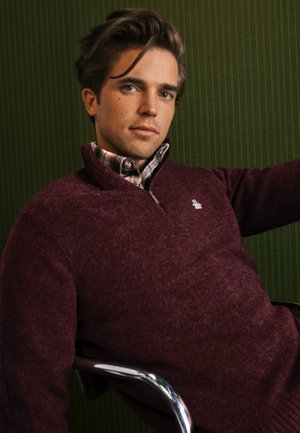 Jongeman met lichtbruin haar, gekleed in een bordeauxrood sweater met een kwart ritssluiting over een geruit shirt, zittend tegen een groene textuurwand.