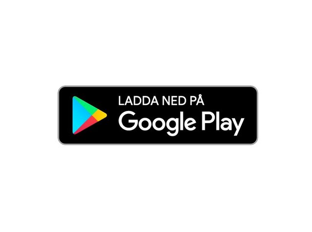 Svart rektangulär knapp med vit text "LADDA NED PÅ Google Play" och en flerfärgad spelikon till vänster.