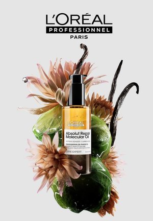 L’Oréal Professionnel Absolut Repair Molecular Oil in a sleek glass bottle, featuring a two-tone liquid, black pump, and floral accents.