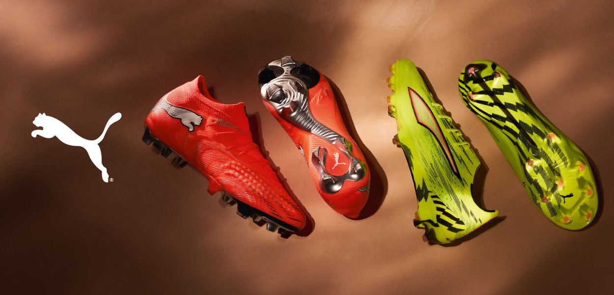 Buty piłkarskie Puma: czerwone z fakturowaną cholewką, srebrne akcenty; neonowozielone z czarnymi paskami; zakrzywione, lekkie wzory; wymienne kołki.