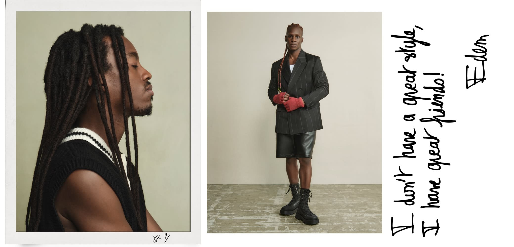 Două portrete: La stânga se află o persoană cu păr lung și închis la culoare, îmbrăcată cu un pulover fără mâneci de culoare neagră. La dreapta apare o persoană în sacou cu dungi negre, pantaloni scurți din piele și mănuși.