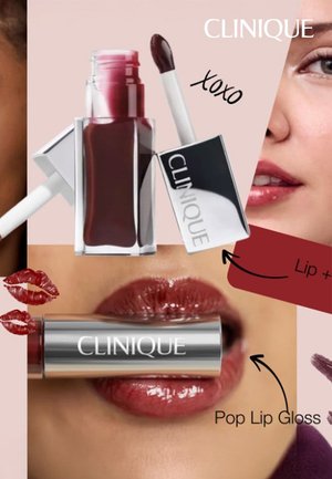 Clinique Pop Lip Gloss in dark red shade, with close-up of lips wearing gloss and a face partially shown on a pale pink background.