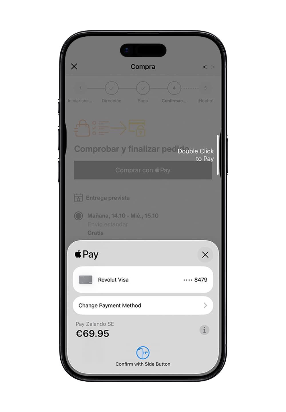 Pantalla de smartphone que muestra una interfaz de pago con fondo gris, texto blanco e iconos de Apple Pay, métodos de pago, total de 69,95 €.