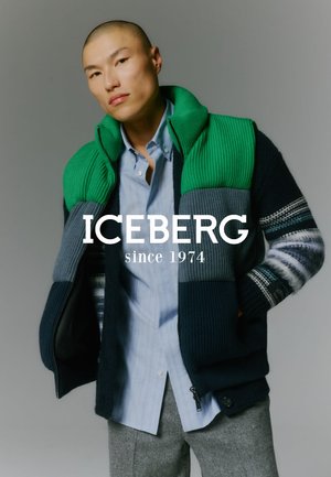 Man die een groen, grijs en marineblauw blokkenbreisel draagt over een lichtblauw overhemd en grijze broek, staande tegen een grijze achtergrond.