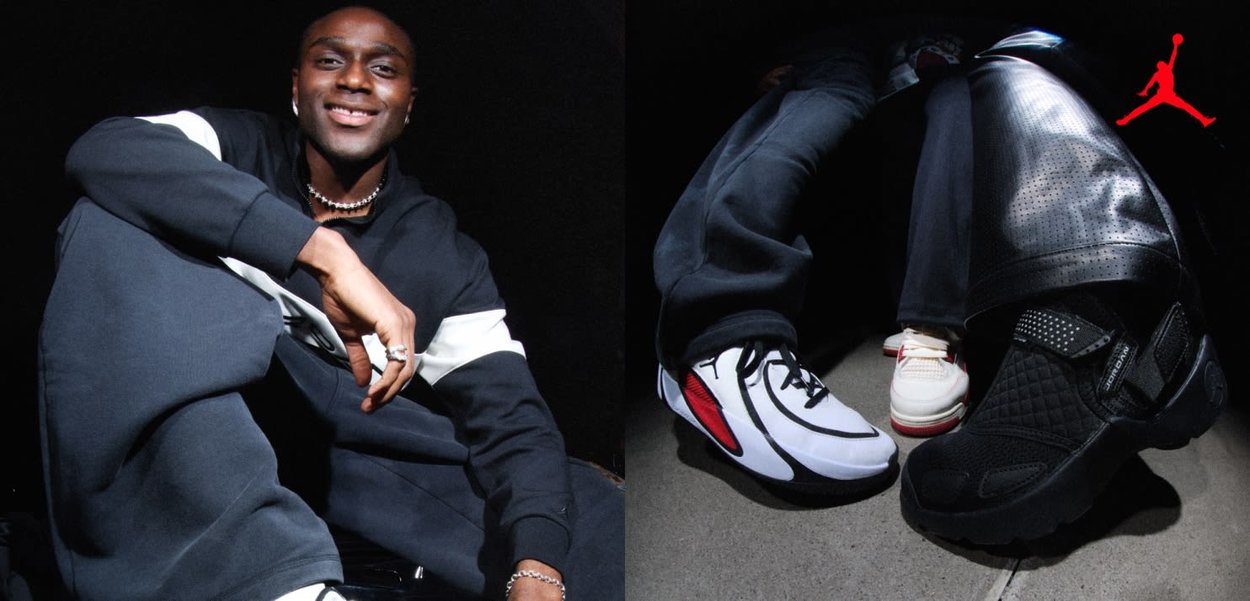 Persona sonriente con chándal blanco y negro sentada junto a tres pares de zapatillas sobre el concreto, con un logo rojo de Jumpman en la esquina superior derecha.