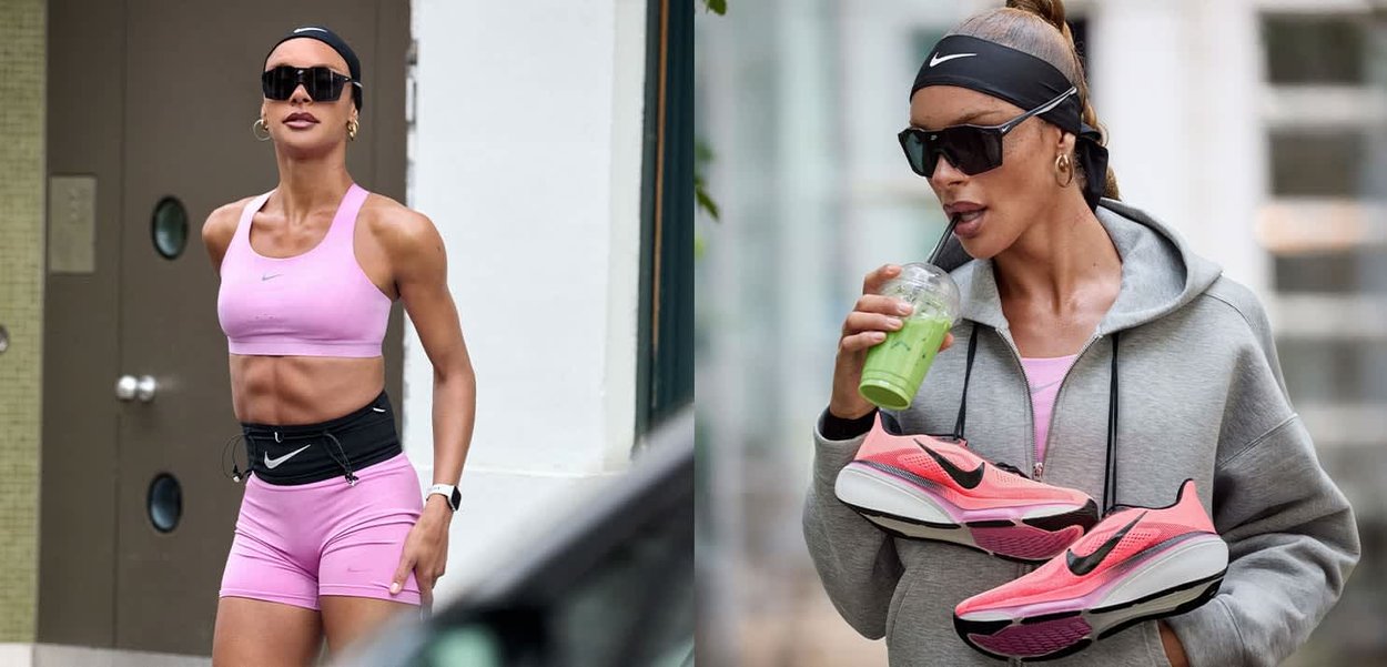 Mujer con ropa deportiva rosa, banda negra en la cabeza y gafas de sol trotando, luego con sudadera gris, sosteniendo zapatillas de correr rosas y un batido verde.