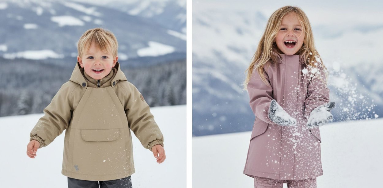 Lächelnder Junge in beiger Jacke und Mädchen im pinken Mantel spielen draußen im Schnee, verschneite Berge im Hintergrund.