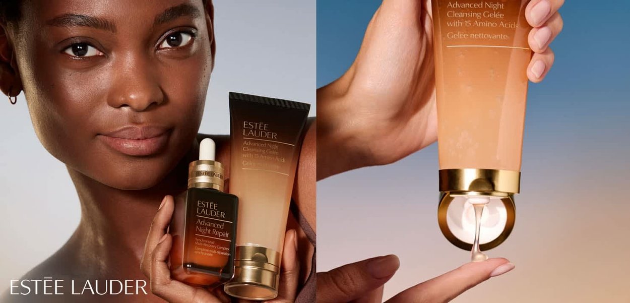 Kaksi Estee Lauderin ihonhoitotuotetta: ruskea lasipullolla, jossa on tiputusosa, ja beige putki kultaisilla yksityiskohdilla, jossa näkyy geelimäinen koostumus.