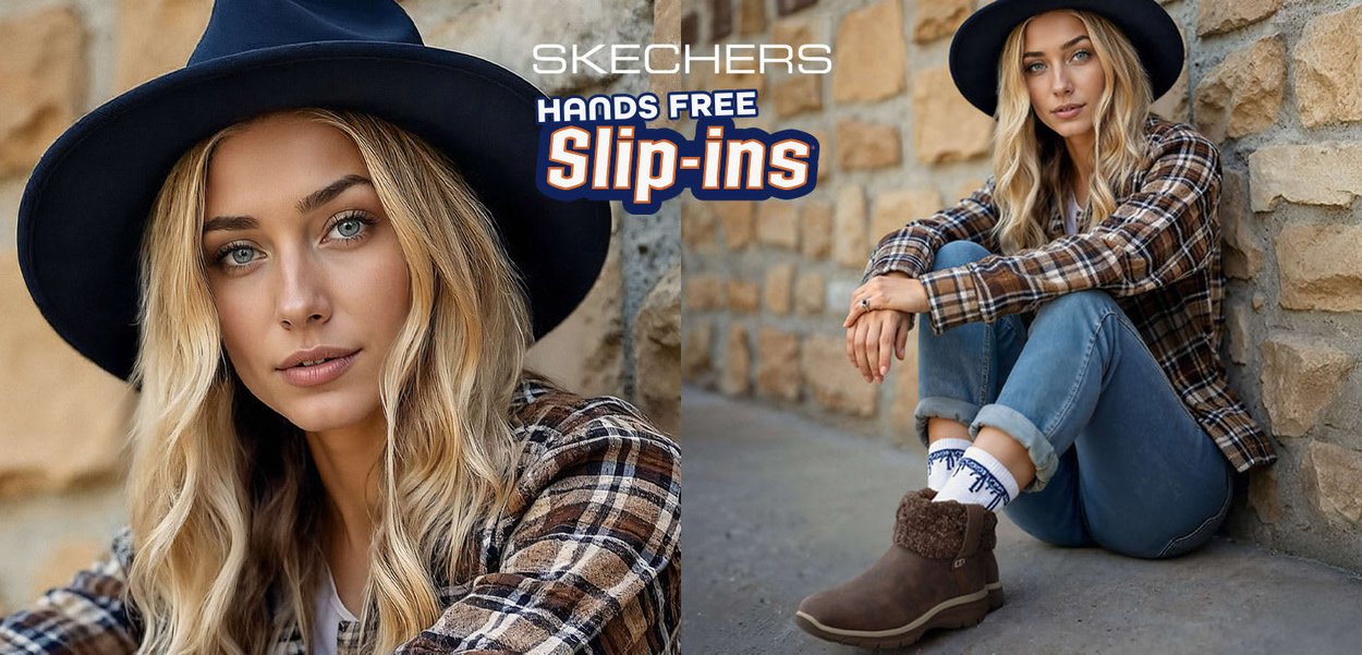 Brown slip-on boots with a fuzzy collar, worn with light blue jeans and a plaid shirt. The background features stone walls and a wide-brimmed hat.