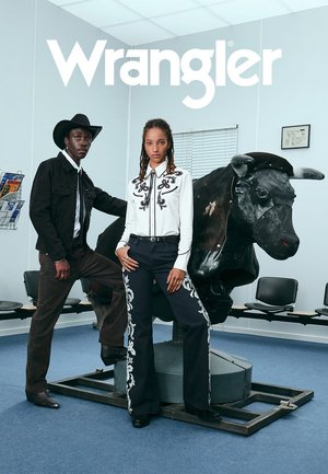 Svart cowboyhatt, svart skjorta och bruna byxor på en modell; vit skjorta med svart broderi och mörka byxor på en annan. Metalltjur, blått golv.