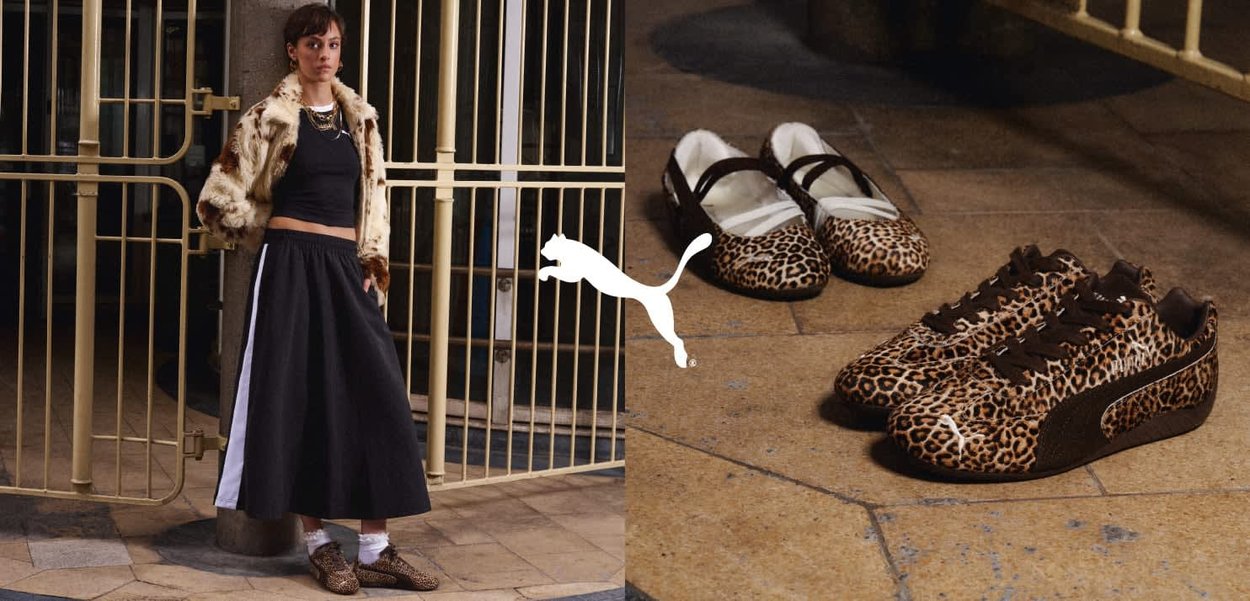 Løveprint joggesko i brunt og svart, med snøring og en hvit logo. Myk tekstur, designet for hverdagsbruk.