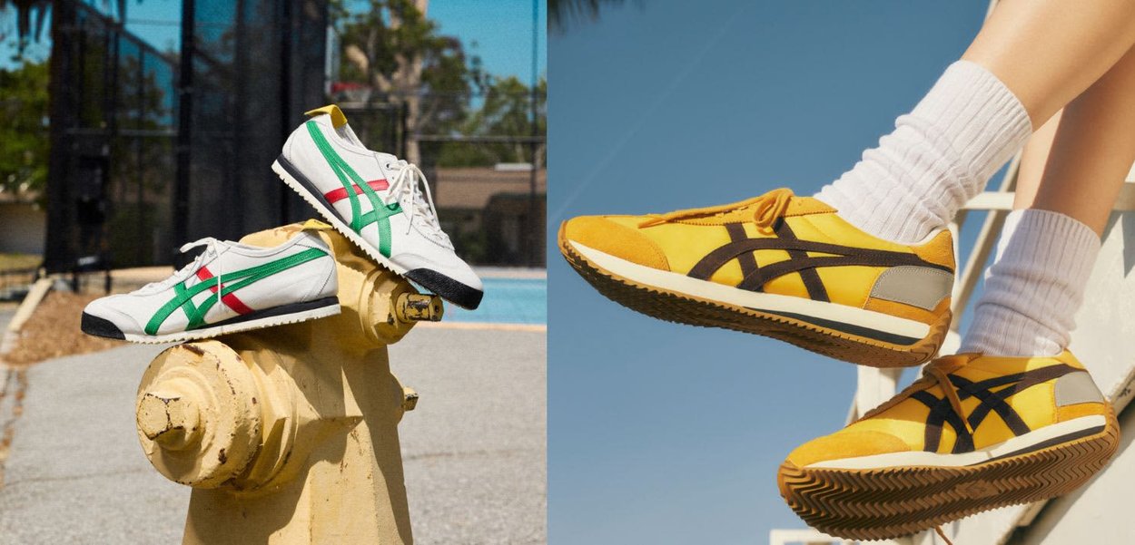 Dos pares de zapatillas deportivas de estilo retro: un par blanco con franjas verdes y rojas apoyado sobre una boca de incendios amarilla, y otro par amarillo con franjas negras usado con calcetas blancas al aire libre.