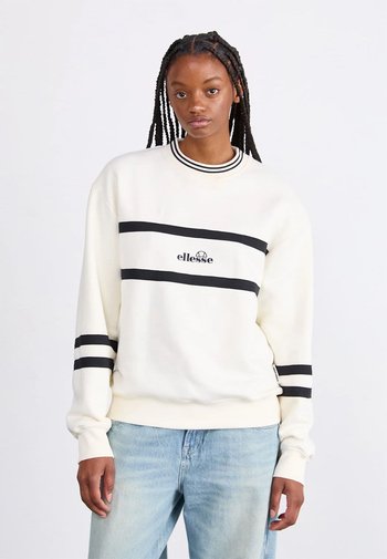 Crème sweatshirt met zwarte strepen en een logo op de borst. Ribgebreide kraag en manchetten, zachte textuur, relaxte pasvorm en lange mouwen.