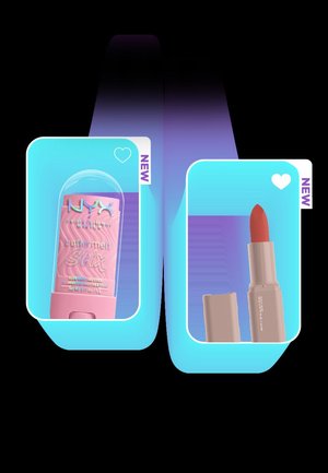 NYX Butter Mell Stix highlighter en Maybelline nude lippenstift met label nieuw, gepresenteerd op blauwe digitale kaarten tegen een donkere achtergrond.