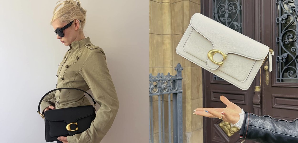 Schwarz-weiße Handtaschen aus strukturiertem Leder, mit einer klaren Formgebung und goldenen Hardware-Akzenten, präsentiert an einem Modell und in der Hand.