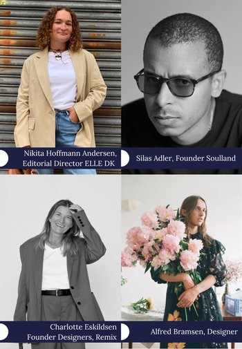 Fire portrætter af individer: afslappet beige blazer, sort og hvidt tøj, blomsterarrangement, mørk kjole med grøn baggrund.