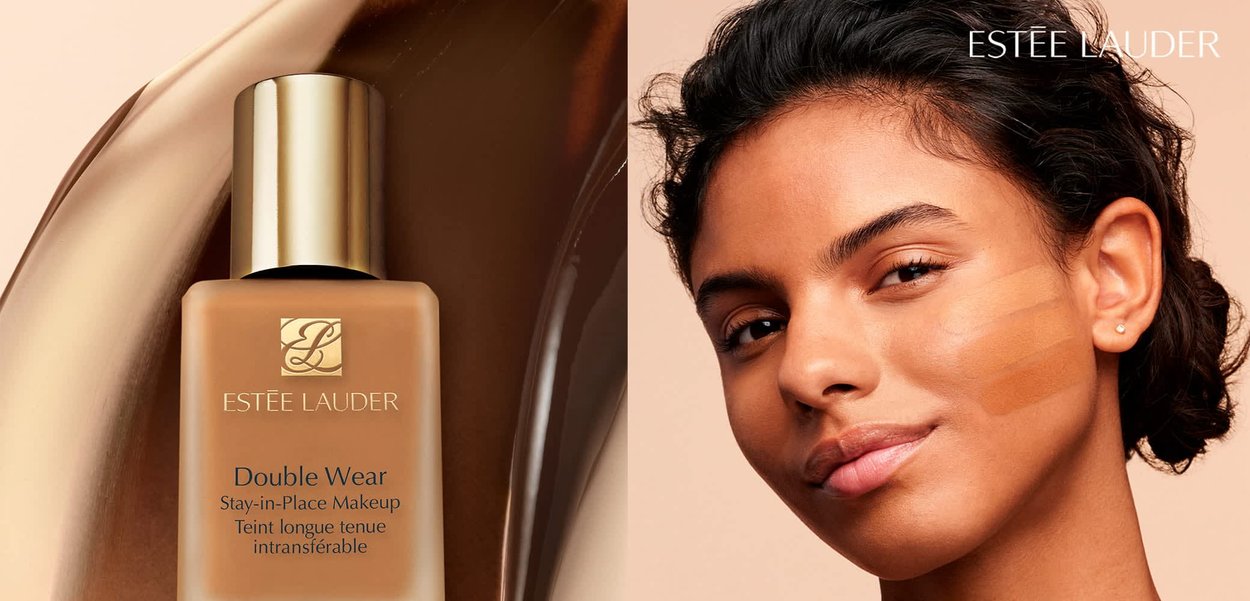 Woman with fair skin and blue eyes shows three foundation shades swatched on her cheek; Estée Lauder logo in upper right corner.