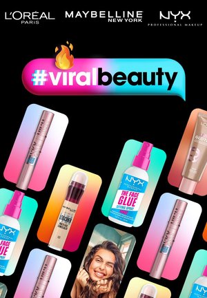Prodotti cosmetici esposti su uno sfondo nero: mascara L'Oréal, correttore Maybelline, spray fissante NYX, che mettono in mostra colori e design dei packaging.