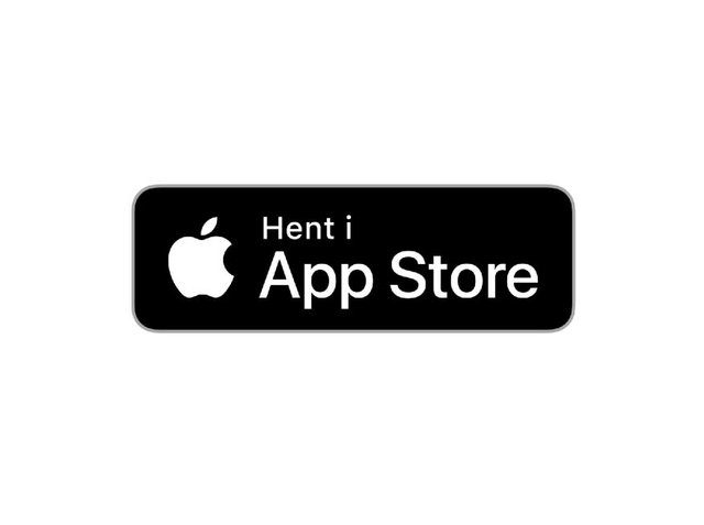 Sort rektangulær knap med hvid tekst "Hent i App Store" og Apple-logo til venstre. Simpelt design, glat overflade og afrundede hjørner.