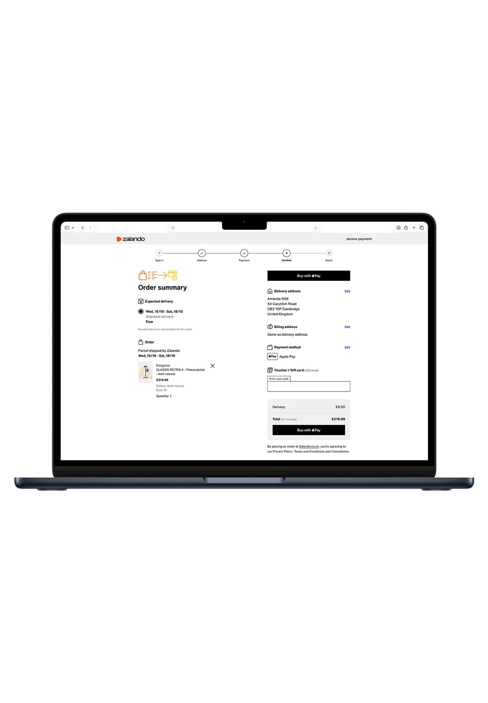 Prenosni računalnik prikazuje povzetek naročila Zalando. Zaslon vključuje razdelke za naslov za dostavo, možnosti plačila in podrobnosti o izdelku v urejenem postavitvi.
