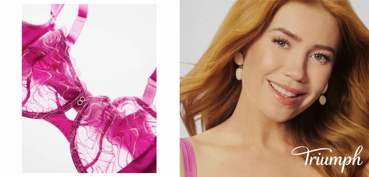 Nahaufnahme eines rosa Spitzen-BHs neben einer lächelnden rothaarigen Frau, die passende rosa Träger trägt, mit Triumph-Logo unten rechts.