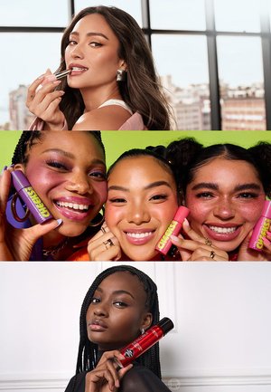 Trebild: överst en kvinna som applicerar läppstift; i mitten tre leende personer som håller färgglada läppprodukter; nederst en kvinna som poserar med en röd flaska.