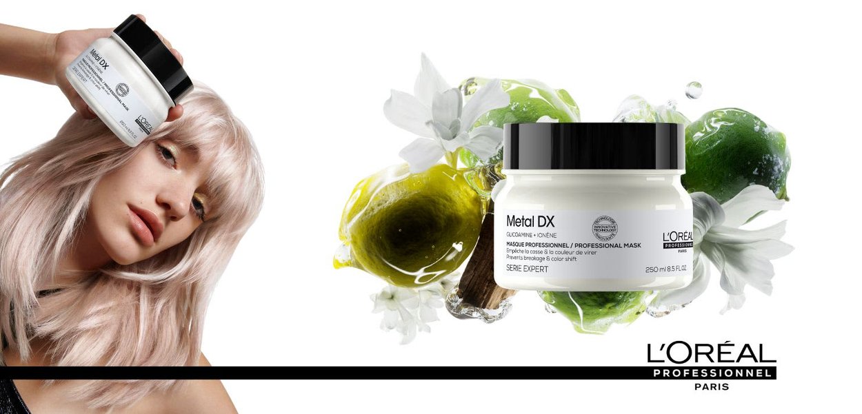 Masque L’Oréal Metal DX dans un pot blanc avec un couvercle noir, 250 ml. Des touches vert clair et des éléments botaniques entourent le produit.