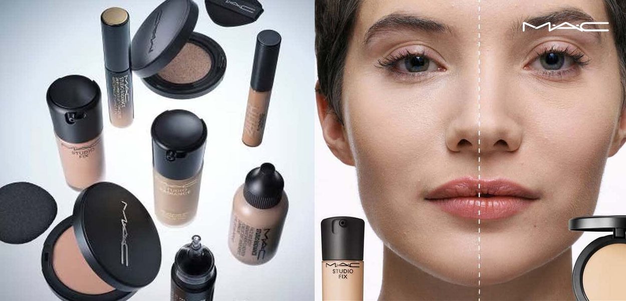 MAC cosmetic products arranged, including liquid foundations and a compact powder. One half of a face shows makeup application, smooth texture.