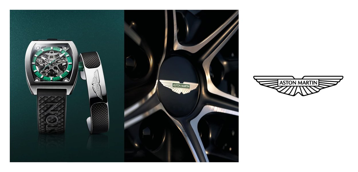 Un orologio e un braccialetto Aston Martin argentati e verdi accanto a un primo piano di una ruota di un'auto Aston Martin con il logo del marchio.