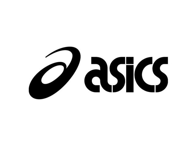 Zwart logo van "asics" met een gestileerde swoosh aan de linkerkant. Het lettertype is vet en modern, met een soepele, cleane uitstraling.
