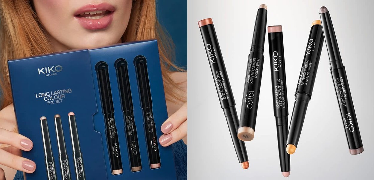 Set occhi KIKO Milano Long Lasting Colour tenuto da una donna che mostra tre stick ombretto neri nelle tonalità pesca, beige e malva su sfondo bianco.