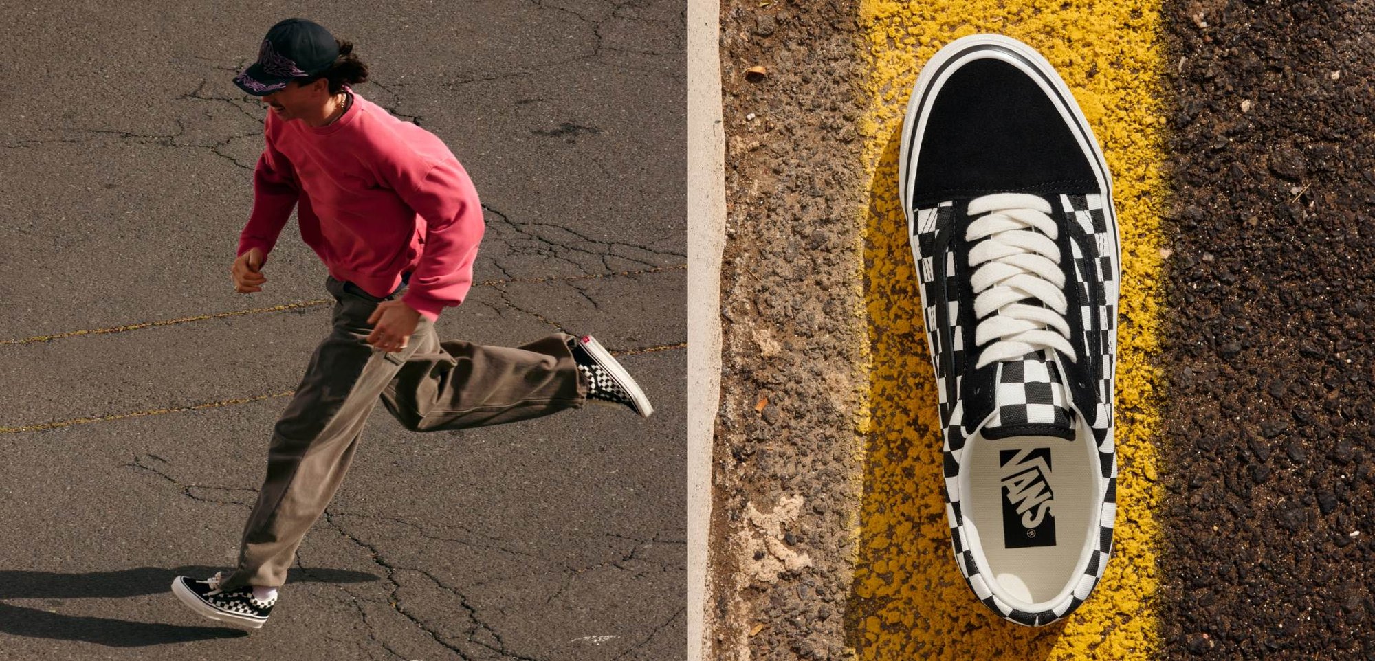 Cilvēks skrien pa asfalta, uzvilcis rozā sporta džemperi un bēšas bikses. Melnbalti pārbaudīti sporta apavi. Cepure ar drukātu dizainu.