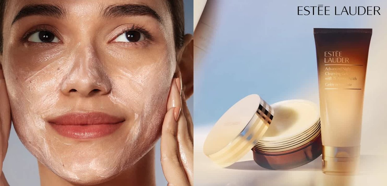 Advanced Night Cleansing Gel dari Estée Lauder, dalam tabung dengan desain gradien, disertai dengan jar krim bulat dengan penutup aksen emas.