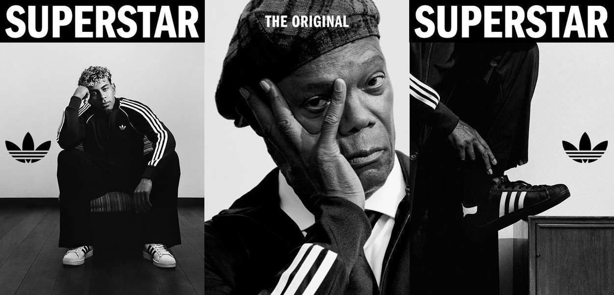 Tres paneles en blanco y negro muestran a hombres con zapatos y chaquetas Adidas Superstar; el hombre en el centro lleva un sombrero y apoya su rostro en la mano.