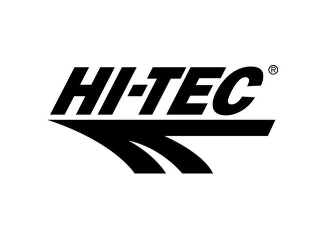 Zwart-wit logo met de tekst "HI-TEC®" in vette, hoekige letters boven gebogen lijnen die beweging of snelheid lijken te weerspiegelen.