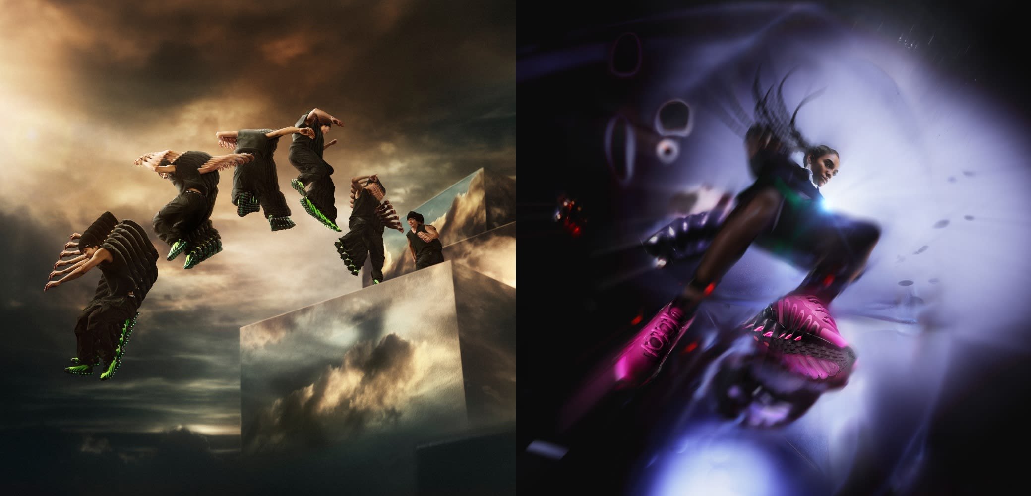 Twee dynamische sportschoenen: de ene heeft een zwart materiaal met groene accenten en een gestructureerde zool; de andere heeft een roze ontwerp met onderscheidende vormelementen.