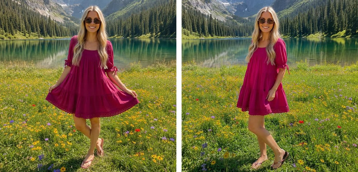 Donna con un abito rosa acceso e occhiali da sole in piedi a piedi nudi in un prato di fiori selvatici vicino a un lago con foresta e montagne sullo sfondo.