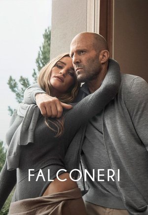 Coppia in maglioni grigi; donna in un maglione aderente, uomo in un cardigan. Texture morbide, illuminazione naturale, logo "FALCONERI" in basso.