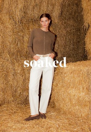 Donna appoggiata a cumuli di balle di fieno impilate, che indossa un maglione marrone con bottoni, pantaloni bianchi, cintura beige e mocassini marroni in un ambiente rustico.